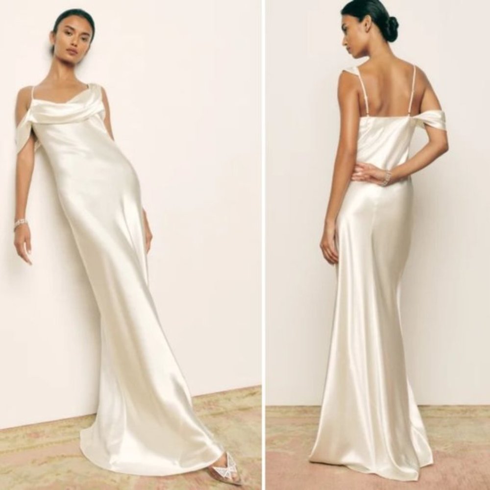 NWT Reformation Ronda Maxi Silk Dress Sz 10 Ivory One Shoulder Low Cowl Neck